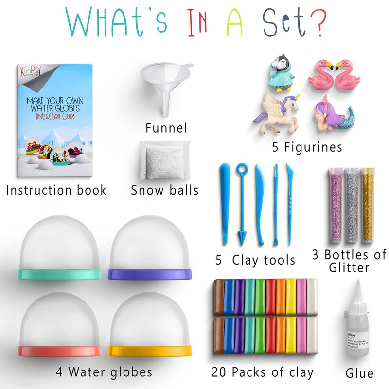 Kipipol Snow Globe Making Kit for Kids - Make Your Own Snow Globes for Girls w/ 4 DIY Snowglobe  5 Figures  20 Packs of Modeling Clay for Kids for Sculpting - Arts and Crafts for Girls & Boys 8-12-4-8 - Image 2